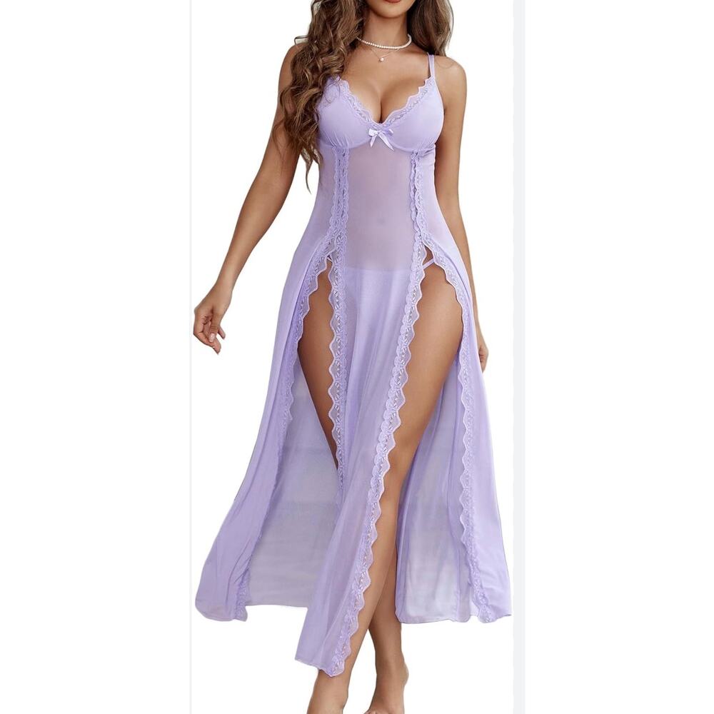 AvidLove Women's Lavender Maxi Lingerie Gown Chemise + Matching Panties Size XXL